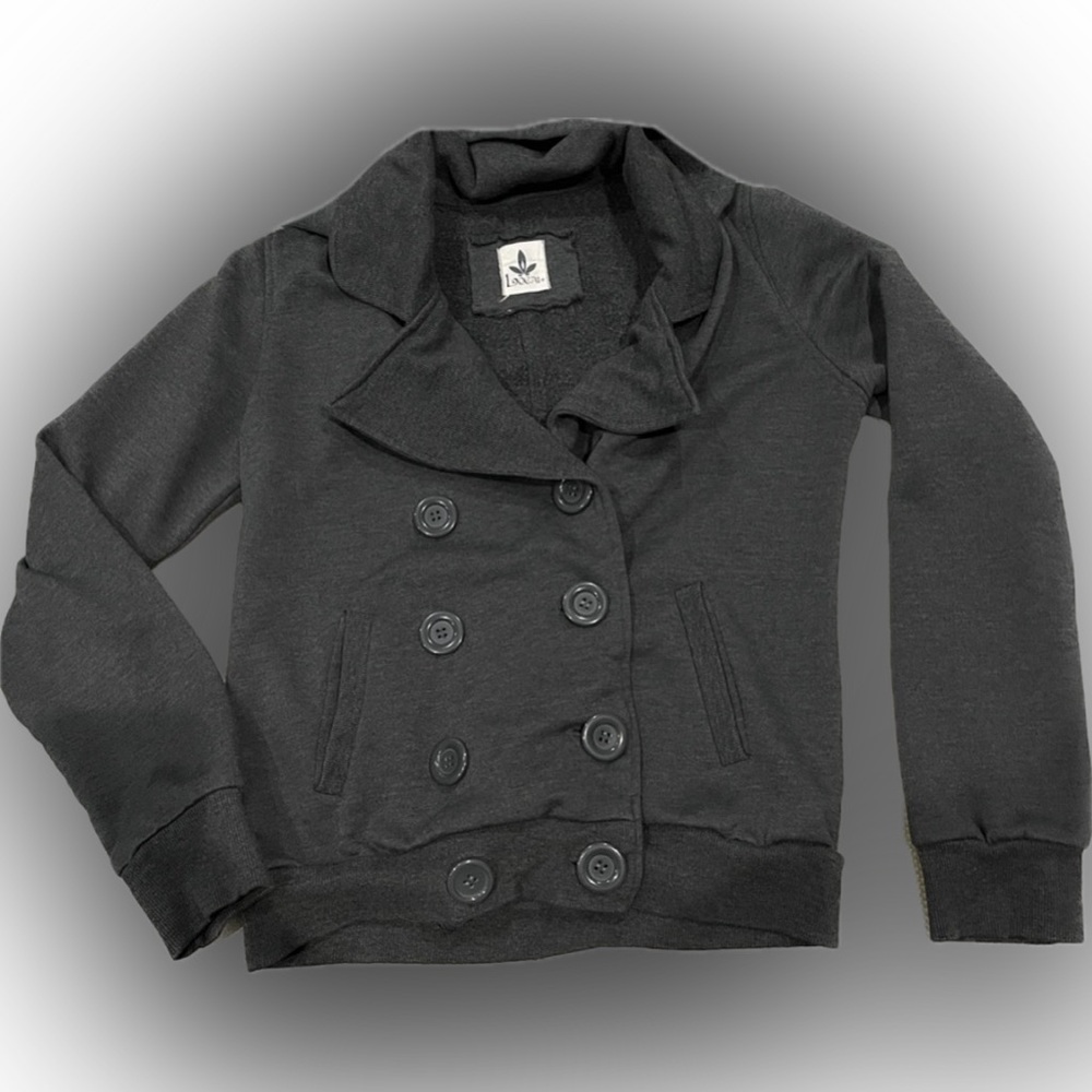 Grey Cropped Pea Coat Button Up Sweatshirt Jacket Preppy Sweater Kawaii Boho M
